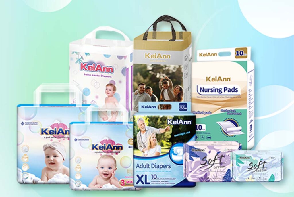 A modern diaper manufacturing facility in China, showcasing large-scale production lines and eco-friendly baby diaper products, representing Dongguan Tianzheng Diaper Co., Ltd’s OEM/ODM capabilities.