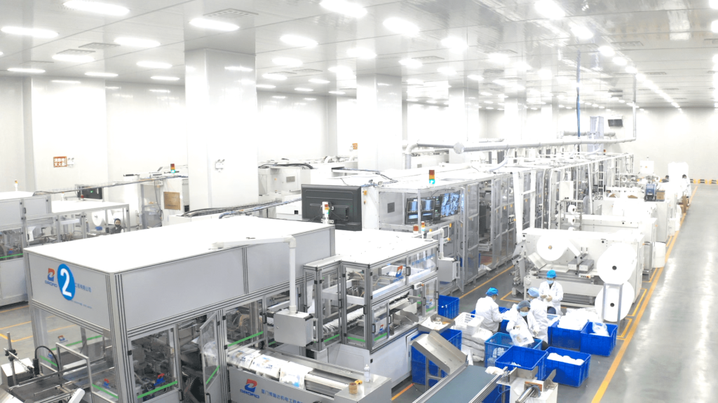 Automated diaper production line at a hygiene product manufacturing facility