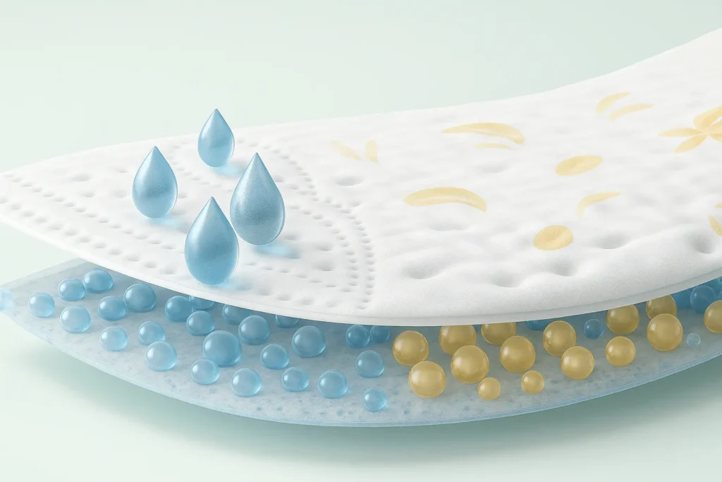 Nonwoven top sheet and SAP absorbent layer sourced from Taiwan and Japan