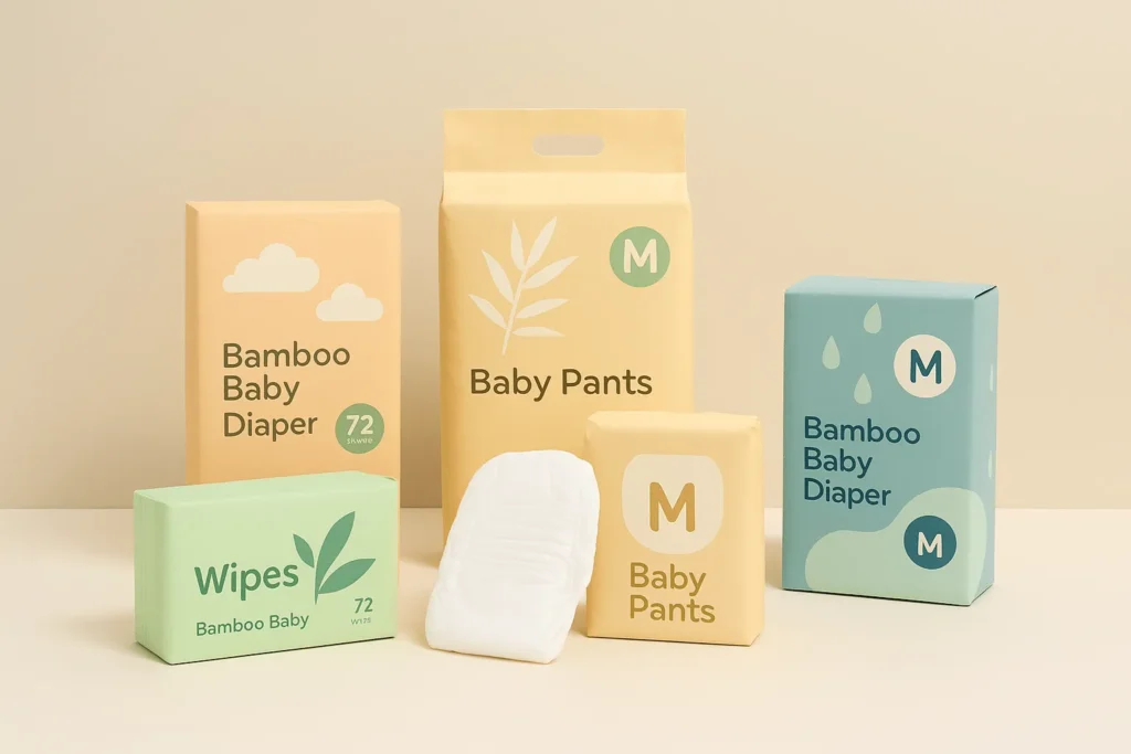 A photograph showcases eco-friendly baby diaper and wipes packaging in pastel tones with minimalist nature-inspired designs, arranged on a beige background.