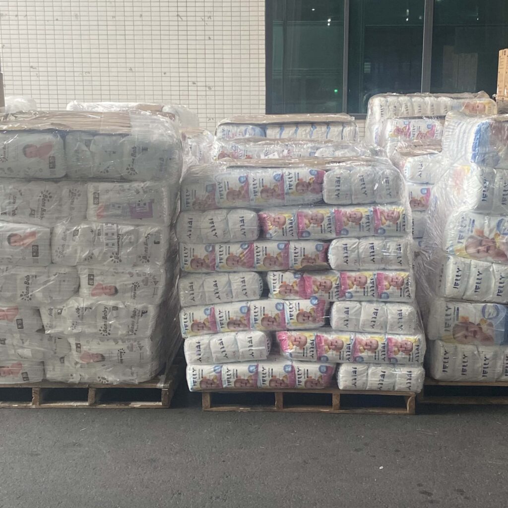 Palletized diaper boxes prepared for overseas shipment