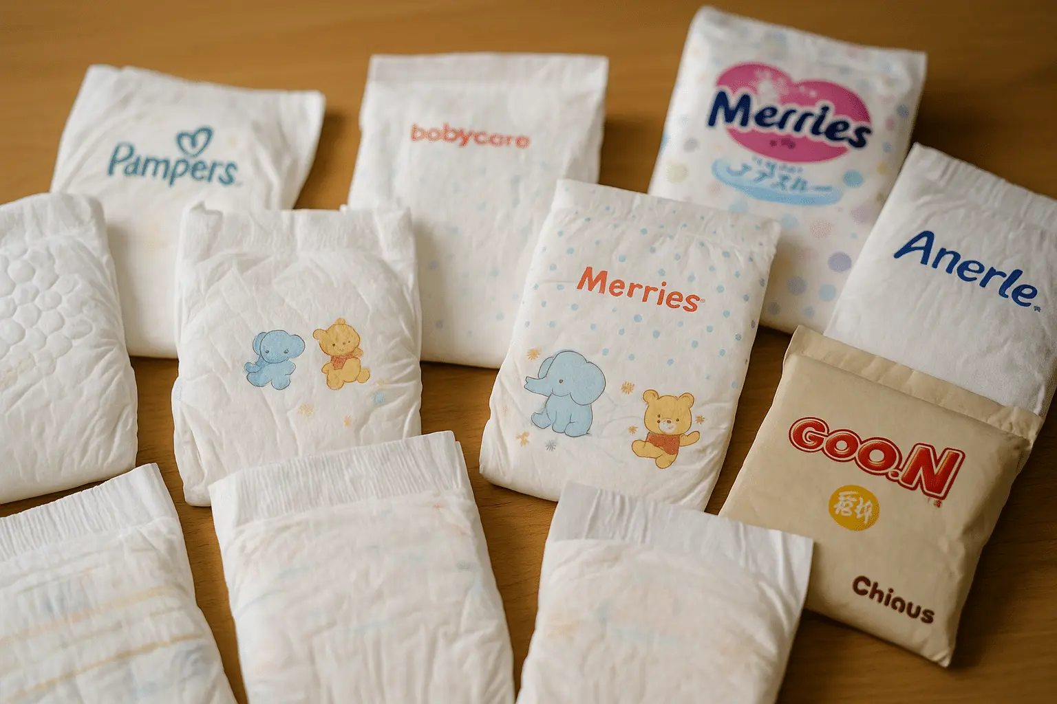 Top Chinese diaper brands 2024 – Pampers, Merries, Babycare, Anerle, Chiaus, and GOO.N diapers on display