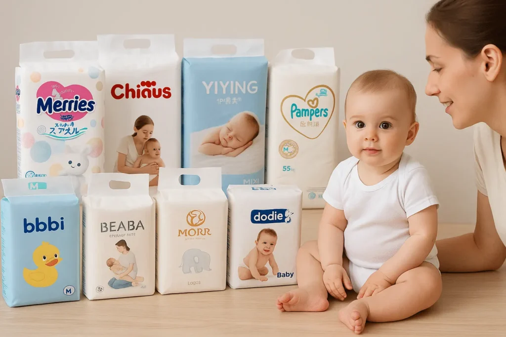 A mother and baby sitting beside an assortment of Chinese diaper brand packages, including Merries, Chiaus, Pampers, BEABA, and others, arranged on a wooden surface in a bright, home-like setting.
