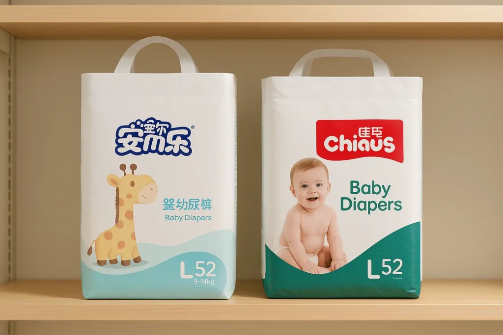 Anerle and Chiaus baby diaper packages placed side by side on a wooden retail shelf, clearly showing their branding and product size in a clean, well-lit display.