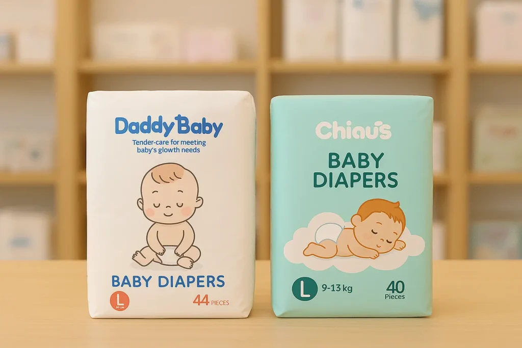DaddyBaby and Chiaus baby diaper packages displayed side by side on a wooden shelf in a retail store, showing clear product designs and size labels in a softly lit setting.