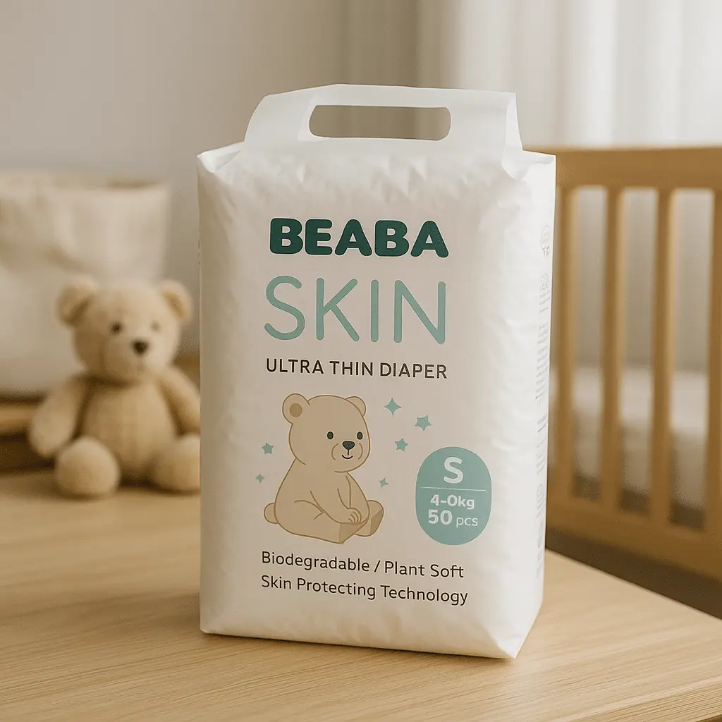 A package of BEABA Skin Ultra Thin Diapers placed on a wooden surface in a softly lit nursery, with a teddy bear and crib in the background highlighting a calm and eco-friendly setting.