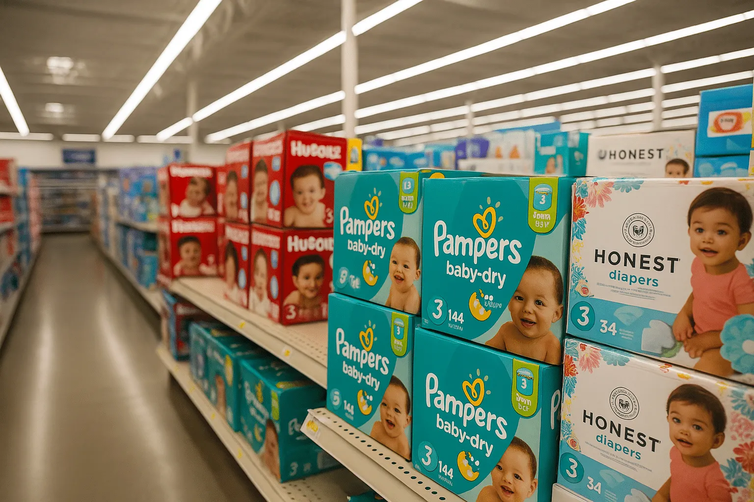 A retail store aisle filled with shelves of baby diapers from brands like Pampers, Huggies, and Honest, arranged in colorful boxes under bright fluorescent lighting.