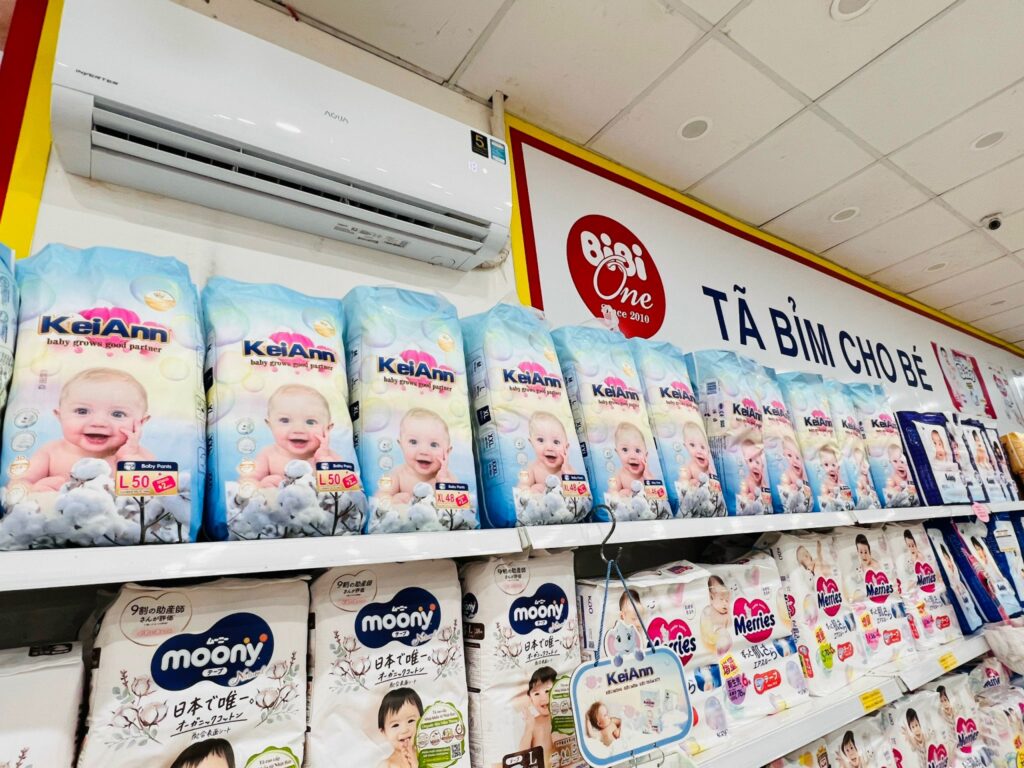 KeiAnn baby diapers displayed on shelves in a Vietnam supermarket