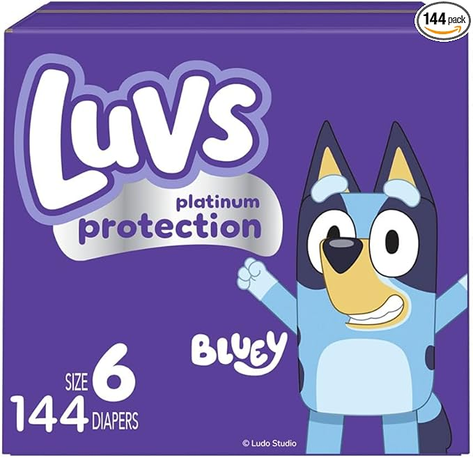 Luvs training pants shown stacked with bulk packaging, highlighting flexible waistband and leak protection