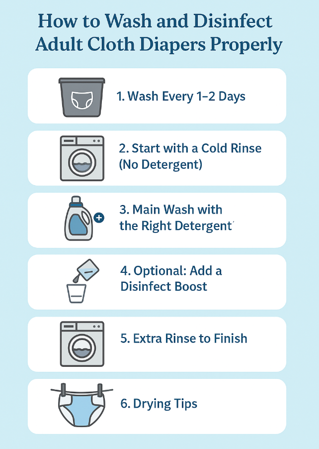 Step-by-step infographic showing how to wash and disinfect adult cloth diapers, including pre-rinse, main wash, optional bleach, extra rinse, and drying stages.