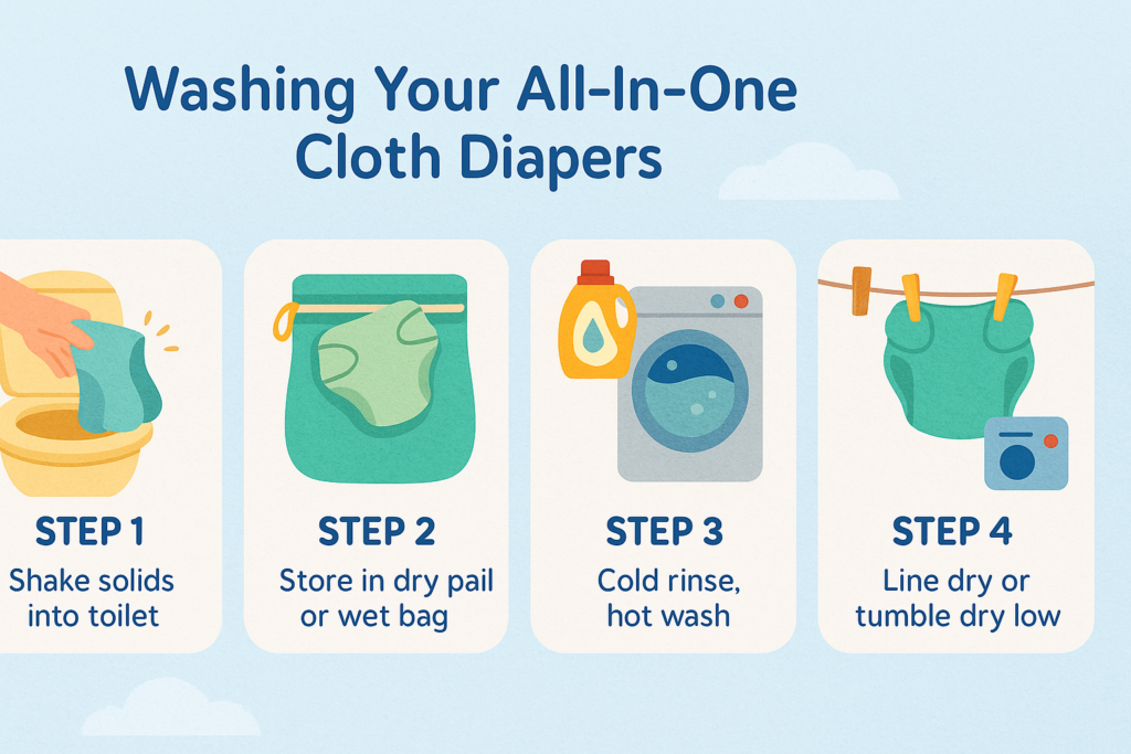 Cartoon-style infographic showing the washing process for all-in-one cloth diapers, including steps like rinsing, washing, drying, and storing.