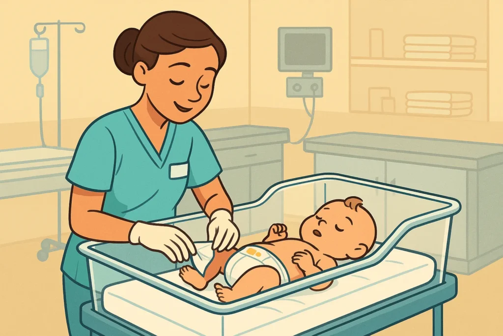 Nurse changing diaper of a newborn in hospital setting