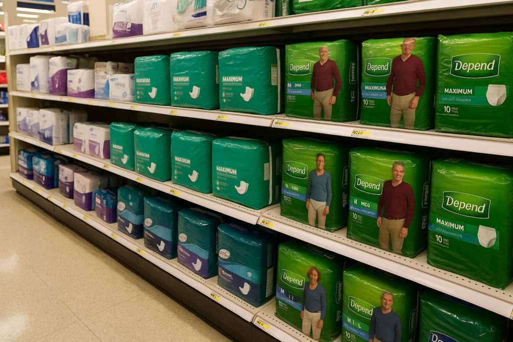 A photograph of a retail store aisle displaying adult incontinence products such as Depend and store brands, arranged neatly on shelves for customer selection.