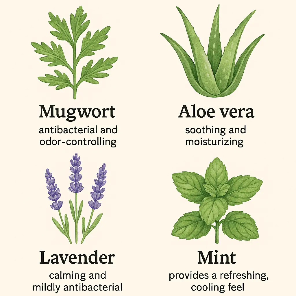 Illustration of four medicinal herbs used in herbal sanitary pads—Mugwort (antibacterial and odor-controlling), Aloe Vera (soothing and moisturizing), Lavender (calming and mildly antibacterial), and Mint (provides a refreshing, cooling feel)—arranged in a soft watercolor style.