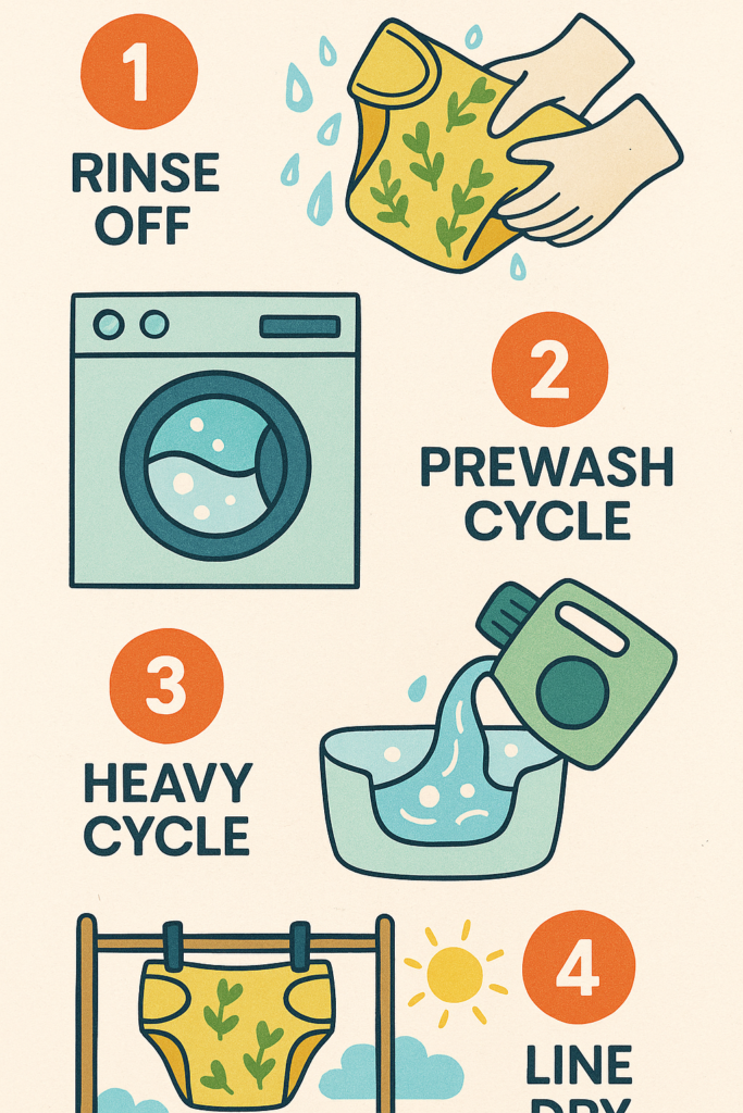 Cartoon-style step-by-step infographic showing how to wash cloth diapers, including rinse, wash, extra rinse, and drying steps.