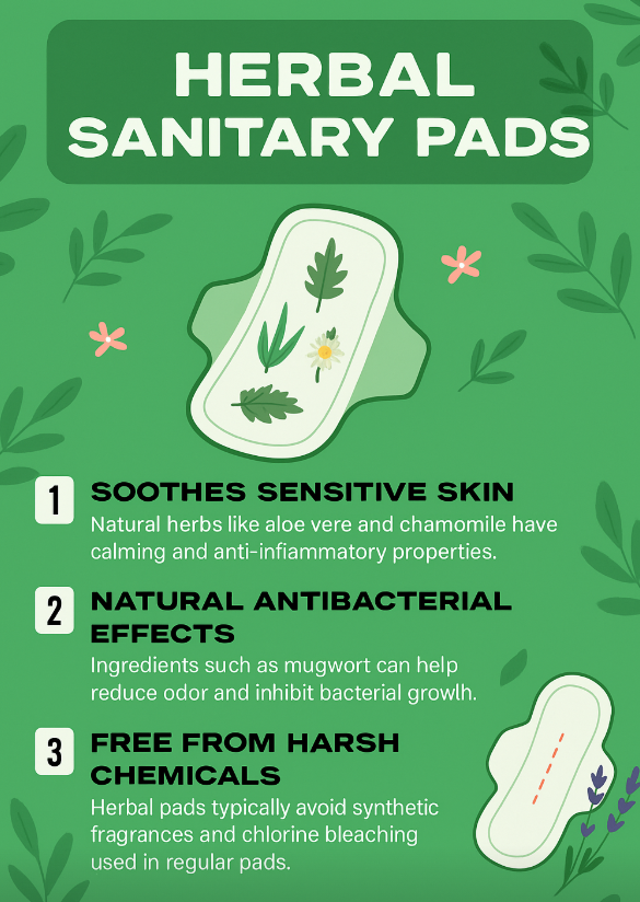 Infographic illustrating the benefits of herbal sanitary pads, highlighting their soothing effects on sensitive skin, natural antibacterial properties, and absence of harsh chemicals, with illustrated pad visuals and botanical elements on a green background.