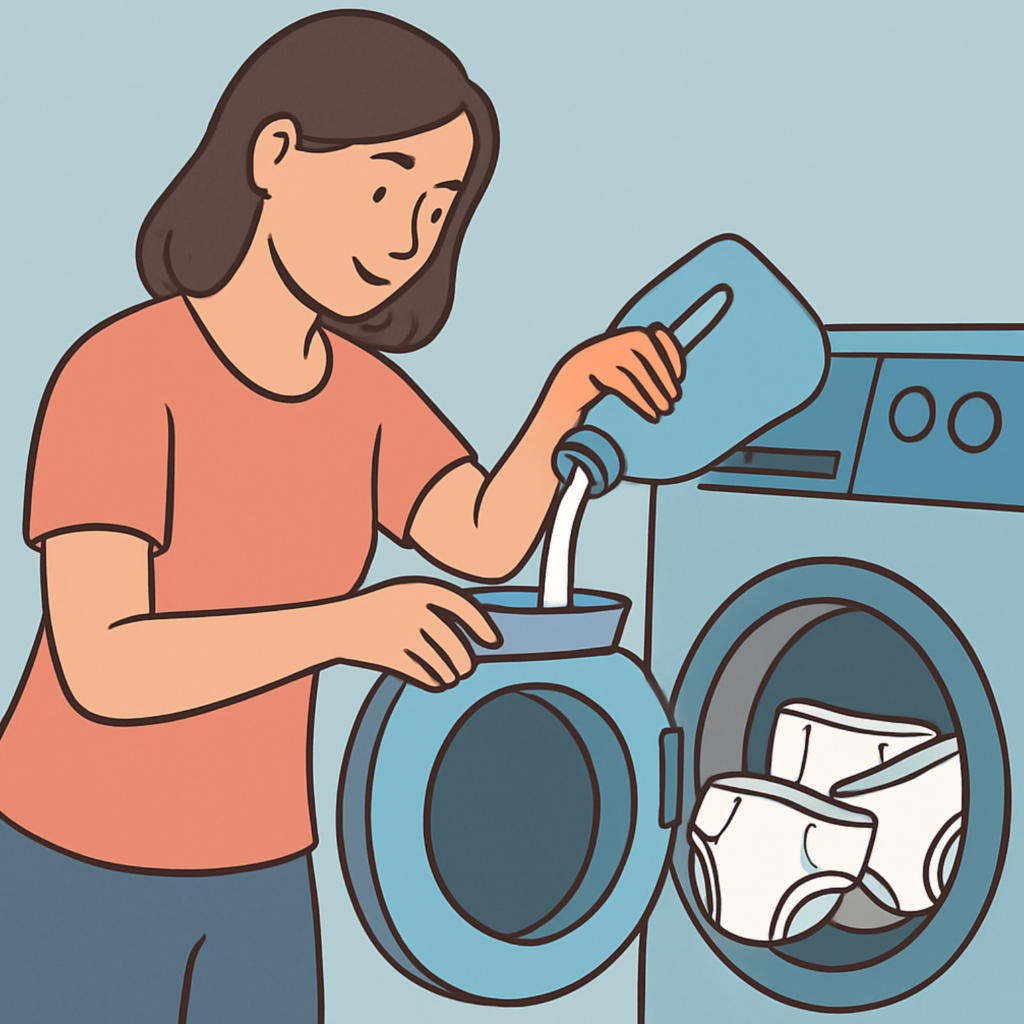 Illustration of a caregiver pouring liquid detergent into a washing machine during the main wash cycle for adult cloth diapers.