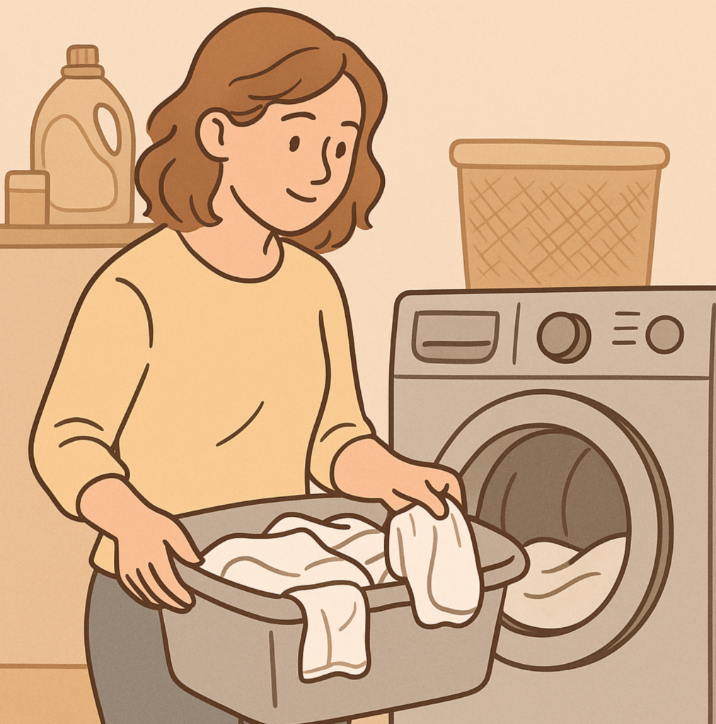 Illustration of a caregiver placing adult cloth diapers into a washing machine, representing a regular 1–2 day wash routine.