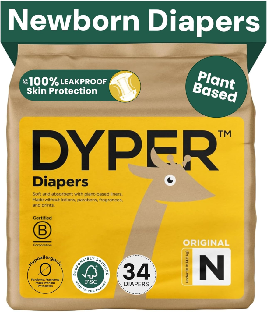Pack of Dyper Newborn Diapers, 34 count, plant-based and hypoallergenic, free from parabens, fragrances, and phthalates, FSC certified, providing up to 100% leakproof skin protection.