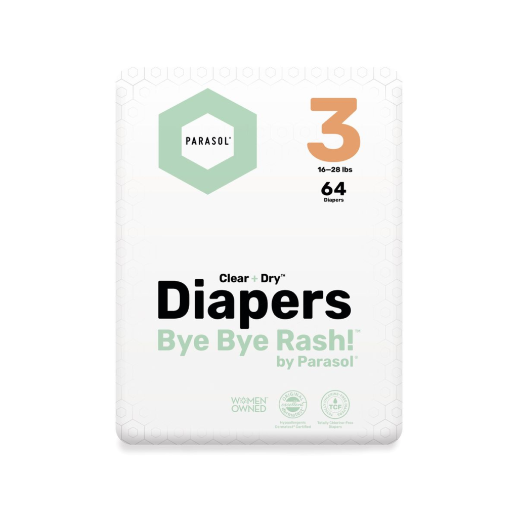 Pack of Parasol Clear + Dry Diapers, Size 3 (16–28 lbs), 64 count. Features hypoallergenic and dermatologist-certified design with 'Bye Bye Rash!' protection, sustainably made and women-owned brand.