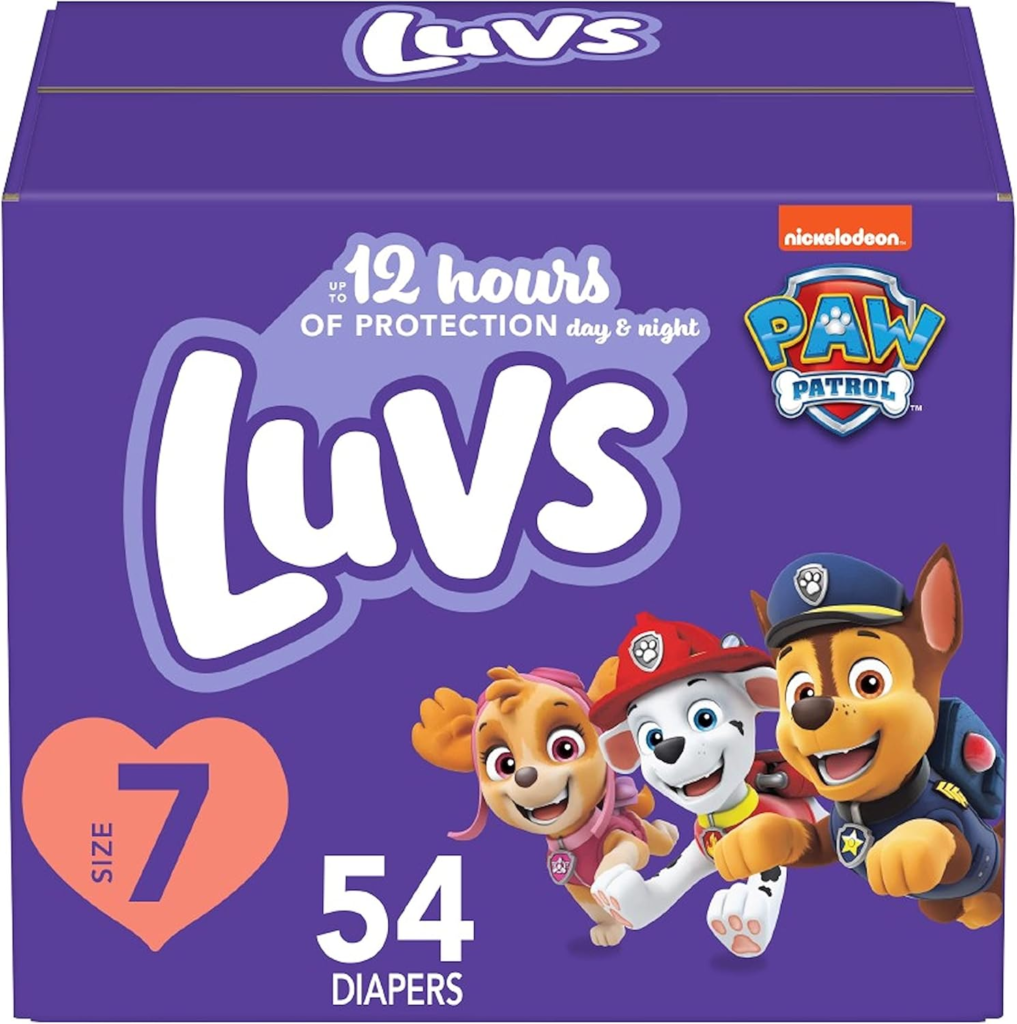 Box of Luvs diapers, Size 7, 54 count, featuring up to 12 hours of day and night protection, with Nickelodeon PAW Patrol characters on packaging.