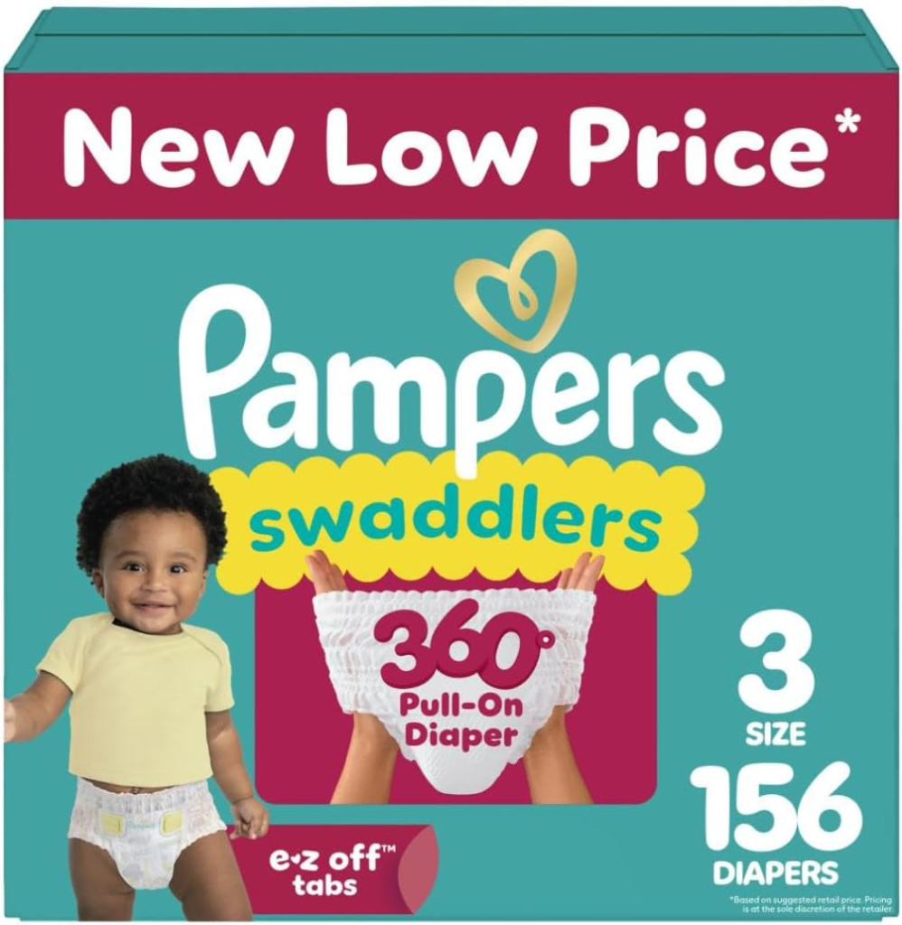 Box of Pampers Swaddlers Size 3, 156 count, featuring 360° pull-on diaper design with easy-off tabs, and highlighted with 'New Low Price' label.