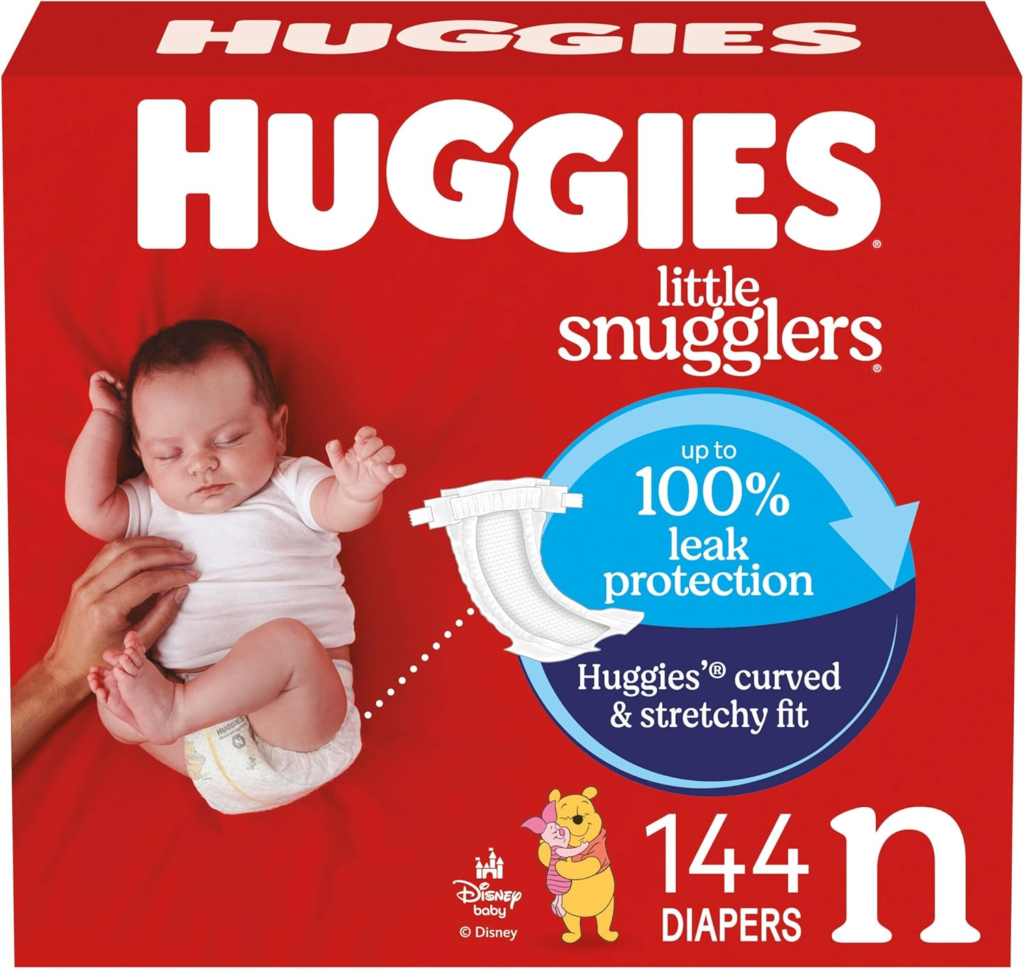 Box of Huggies Little Snugglers newborn diapers, 144 count, featuring up to 100% leak protection with curved and stretchy fit, Disney Baby Winnie the Pooh design.