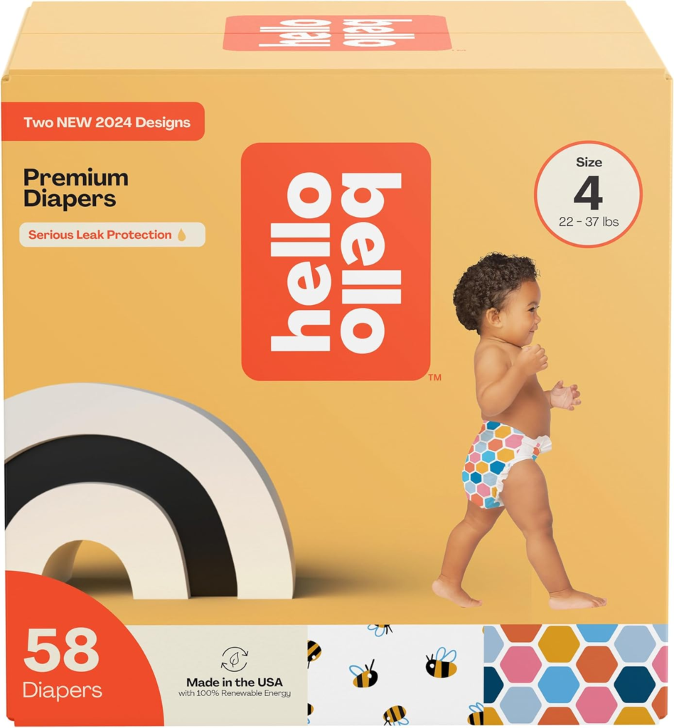 Box of Hello Bello Premium Diapers, Size 4 (22–37 lbs), 58 count, featuring colorful new 2024 designs, made in the USA.