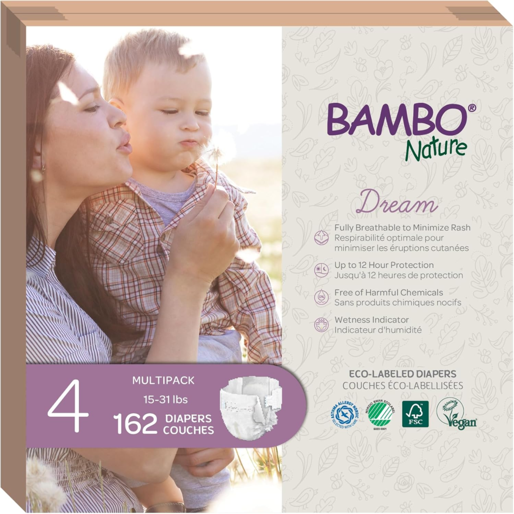 Box of Bambo Nature Dream diapers, Size 4 for 15–31 lbs, multipack of 162 count. Features fully breathable material to minimize rash, up to 12-hour protection, free of harmful chemicals, wetness indicator, eco-labeled, FSC certified, and vegan friendly.