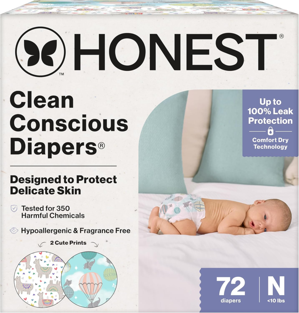Box of Honest Clean Conscious Diapers, Newborn size under 10 lbs, 72 count, hypoallergenic and fragrance free, tested for 350 harmful chemicals, with two cute prints and up to 100% leak protection using Comfort Dry Technology.