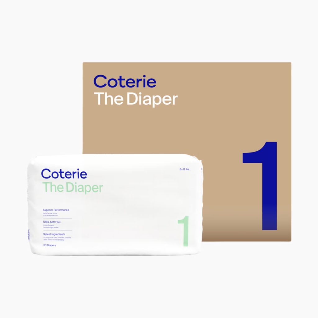 Package of Coterie The Diaper, Size 1 (8–12 lbs), 33 count, featuring superior performance, ultra-soft feel, and safest ingredients