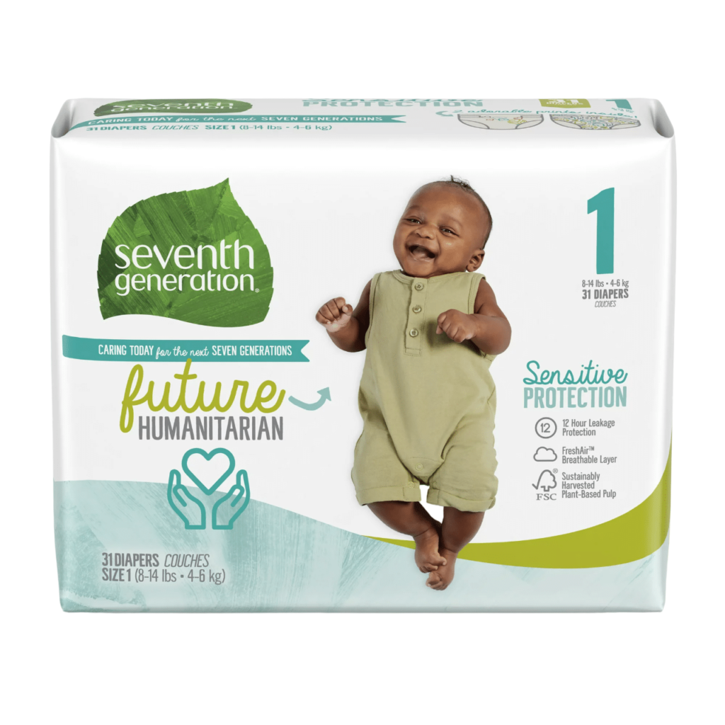 Pack of Seventh Generation Sensitive Protection Diapers, Size 1 (8–14 lbs), 31 count. Provides 12-hour leakage protection, FreshAir breathable layer, and sustainably harvested plant-based pulp, designed for sensitive skin.